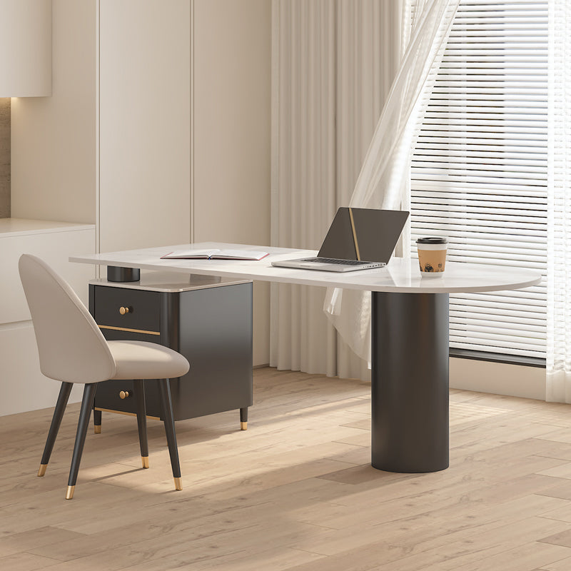 White Pedestal Writing Desk Glam Office Desk with 3 Storage Drawers 63"L x 27.6"W x 29.5"H Clearhalo 'furn' 'furn_office_desk' 'Furniture' 'Office Desks' 'Office Furniture' 'office_desk' 6499895