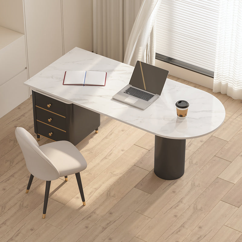 White Pedestal Writing Desk Glam Office Desk with 3 Storage Drawers 55.1"L x 27.6"W x 29.5"H Clearhalo 'furn' 'furn_office_desk' 'Furniture' 'Office Desks' 'Office Furniture' 'office_desk' 6499896