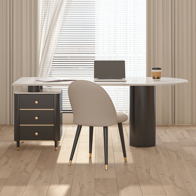 White Pedestal Writing Desk Glam Office Desk with 3 Storage Drawers Clearhalo 'furn' 'furn_office_desk' 'Furniture' 'Office Desks' 'Office Furniture' 'office_desk' 6499897