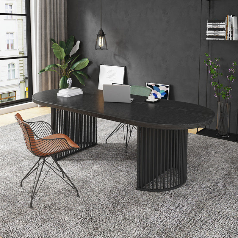 Solid Wood Oval Writing Desk 29.53-inch Tall Black Office Desk with Iron Legs 70.9"L x 31.5"W x 29.5"H Clearhalo 'furn' 'furn_office_desk' 'Furniture' 'Office Desks' 'Office Furniture' 'office_desk' 6499932