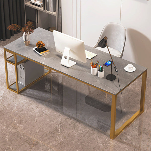 Contemporary Rectangular Writing Desk Stone Top Office Desk with Legs 63"L x 31.5"W x 29.5"H Gray-Gold Clearhalo 'furn' 'furn_office_desk' 'Furniture' 'Office Desks' 'Office Furniture' 'office_desk' 6500245