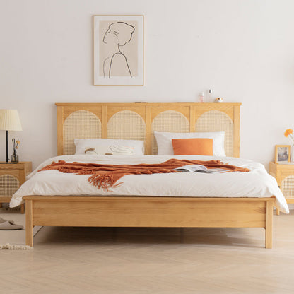 Queen Size Solid Wood Bed Frame Tropical Rattan Panel Bed in Ash