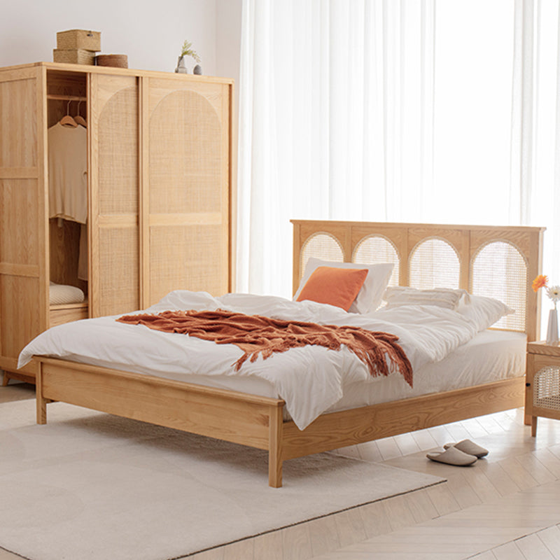 Queen Size Solid Wood Bed Frame Tropical Rattan Panel Bed in Ash