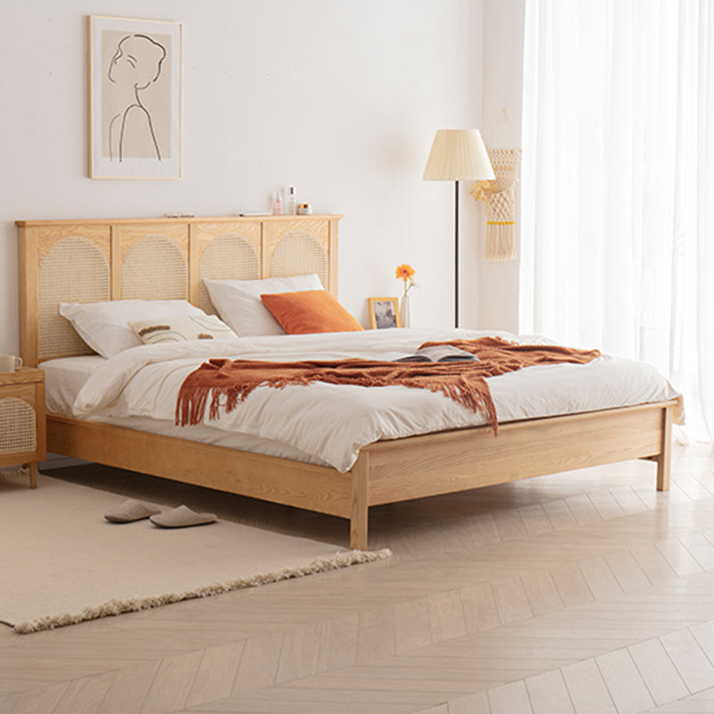 Queen Size Solid Wood Bed Frame Tropical Rattan Panel Bed in Ash