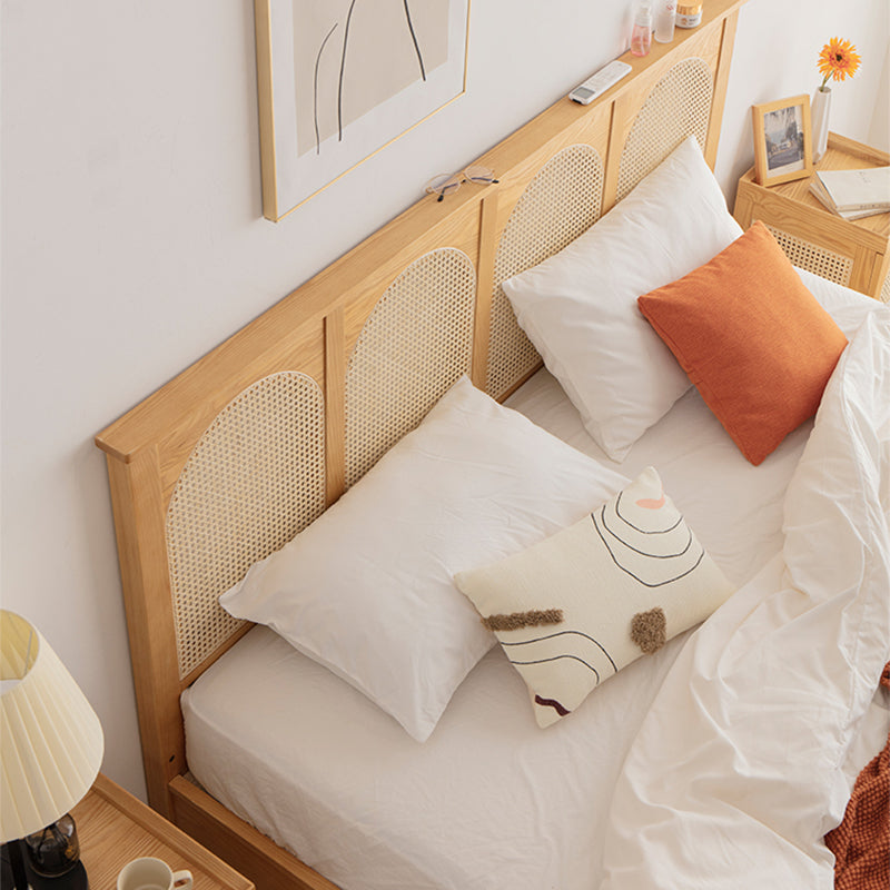 Queen Size Solid Wood Bed Frame Tropical Rattan Panel Bed in Ash