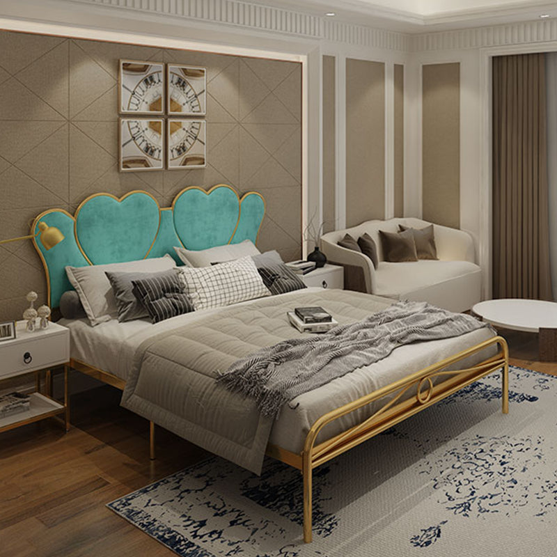 Metal Wire-Grid Bed Frame Upholstered Panel Bed with Heart-Shaped Headboard