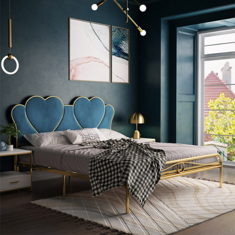 Metal Wire-Grid Bed Frame Upholstered Panel Bed with Heart-Shaped Headboard