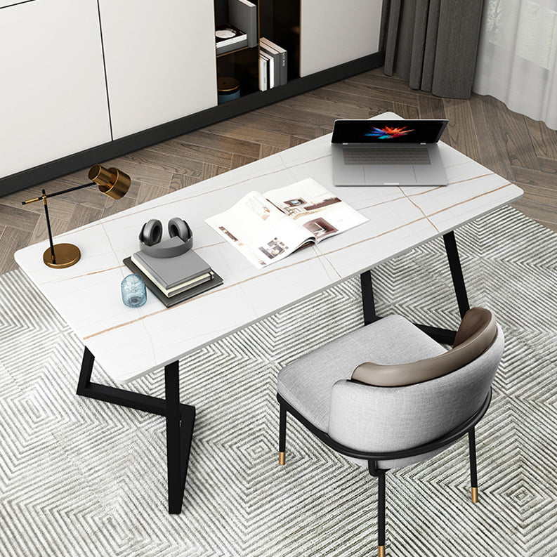 Contemporary Office Desk Antique Finish Rectangular Computer Desk with Metal Legs 63"L x 31.5"W x 29.5"H White Gold Clearhalo 'furn' 'furn_office_desk' 'Furniture' 'Office Desks' 'Office Furniture' 'office_desk' 6505497