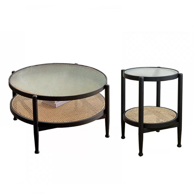Tropical Coffee Cocktail Table Storage Solid Wood Coffee Table 35"L x 35"W x 17.7"H + 19.7"L x 19.7"W x 23.5"H Black Clearhalo 'Coffee & Accent Tables' 'Coffee Tables' 'coffee_tables' 'furn' 'furn_coffee_tables' 'Furniture' 'Living Room Furniture' 6505643
