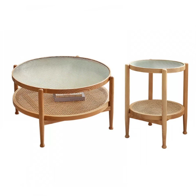 Tropical Coffee Cocktail Table Storage Solid Wood Coffee Table 35"L x 35"W x 17.7"H + 19.7"L x 19.7"W x 23.5"H Natural Clearhalo 'Coffee & Accent Tables' 'Coffee Tables' 'coffee_tables' 'furn' 'furn_coffee_tables' 'Furniture' 'Living Room Furniture' 6505644