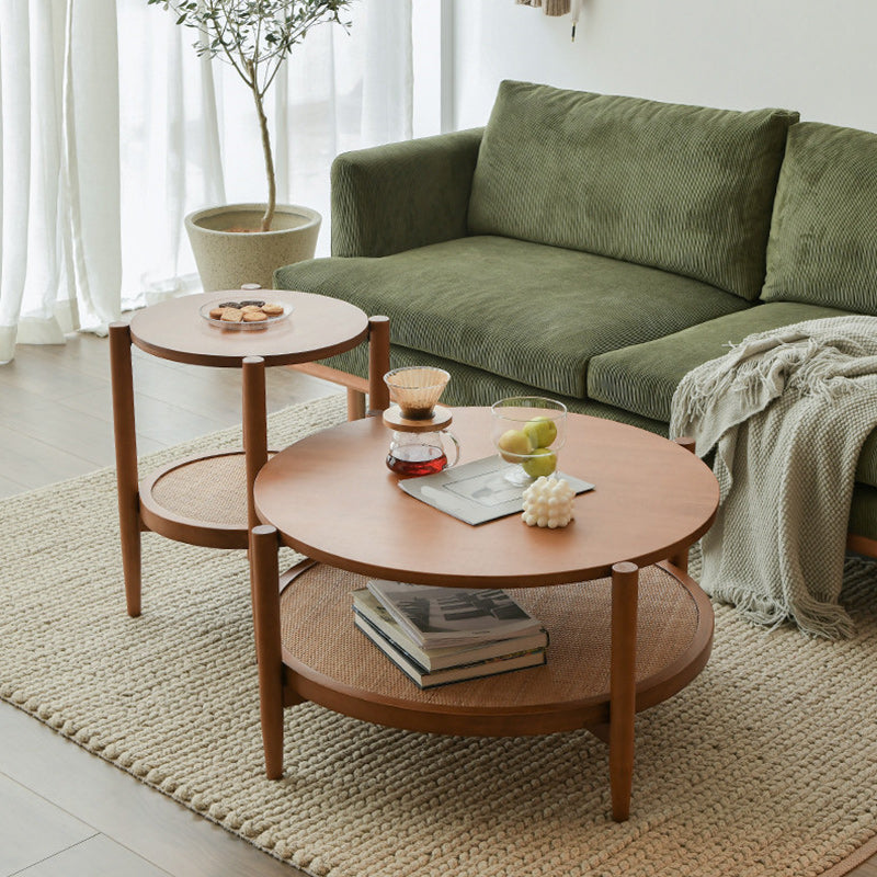 Tropical Round Cocktail Table Storage Solid Wood Coffee Cocktail Table 31.5"L x 31.5"W x 18"H + 18"L x 18"W x 23.5"H Wood Clearhalo 'Coffee & Accent Tables' 'Coffee Tables' 'coffee_tables' 'furn' 'furn_coffee_tables' 'Furniture' 'Living Room Furniture' 6505658