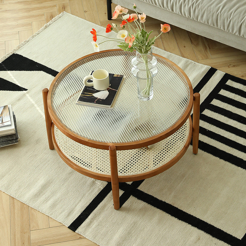 Tropical Round Cocktail Table Storage Solid Wood Coffee Cocktail Table 31.5"L x 31.5"W x 17.7"H Glass Clearhalo 'Coffee & Accent Tables' 'Coffee Tables' 'coffee_tables' 'furn' 'furn_coffee_tables' 'Furniture' 'Living Room Furniture' 6505673