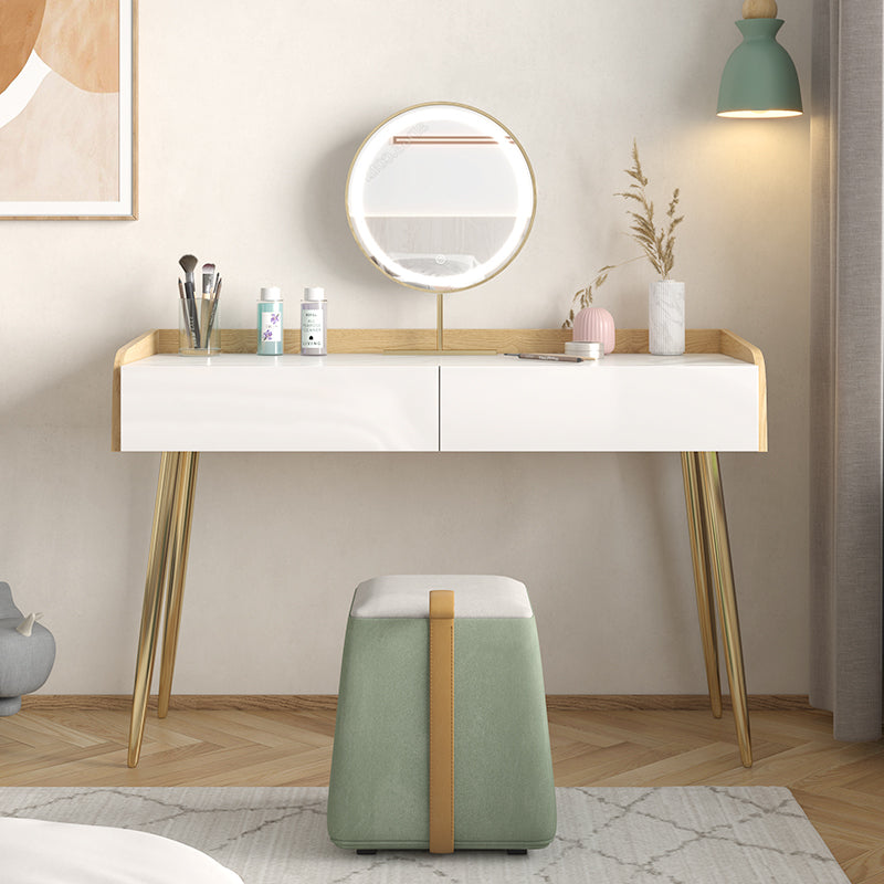 Glam 2-drawer Slate Top Dressing Table 32.67" H Vanity Stool in White Makeup Vanity & Mirror & Stools Clearhalo 'Bedroom Furniture' 'furn' 'furn_makeup_vanities' 'Furniture' 'Makeup Vanities' 'makeup_vanities' 6505744