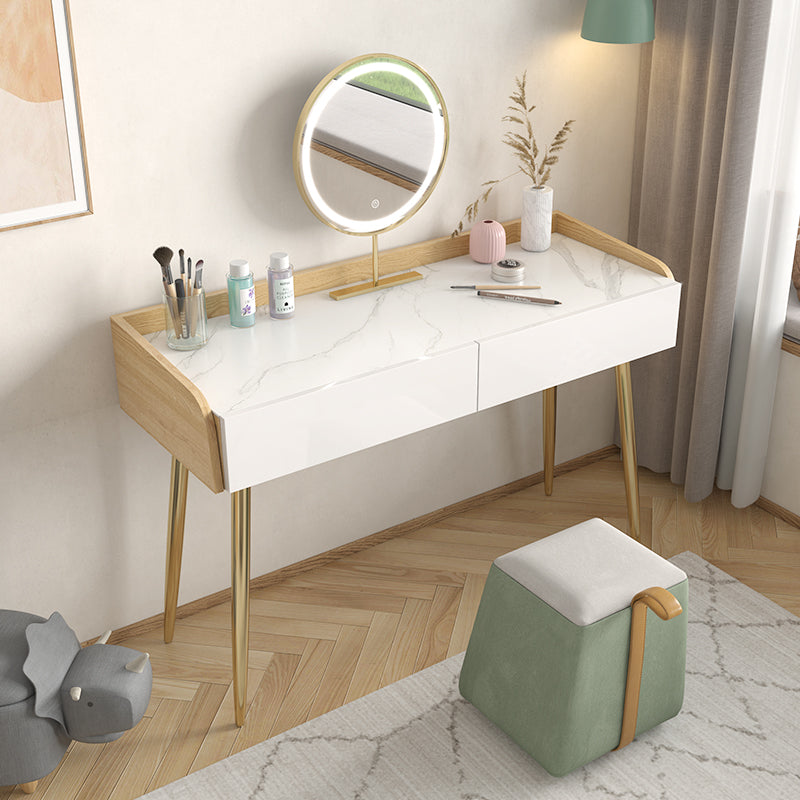 Glam 2-drawer Slate Top Dressing Table 32.67" H Vanity Stool in White Clearhalo 'Bedroom Furniture' 'furn' 'furn_makeup_vanities' 'Furniture' 'Makeup Vanities' 'makeup_vanities' 6505745
