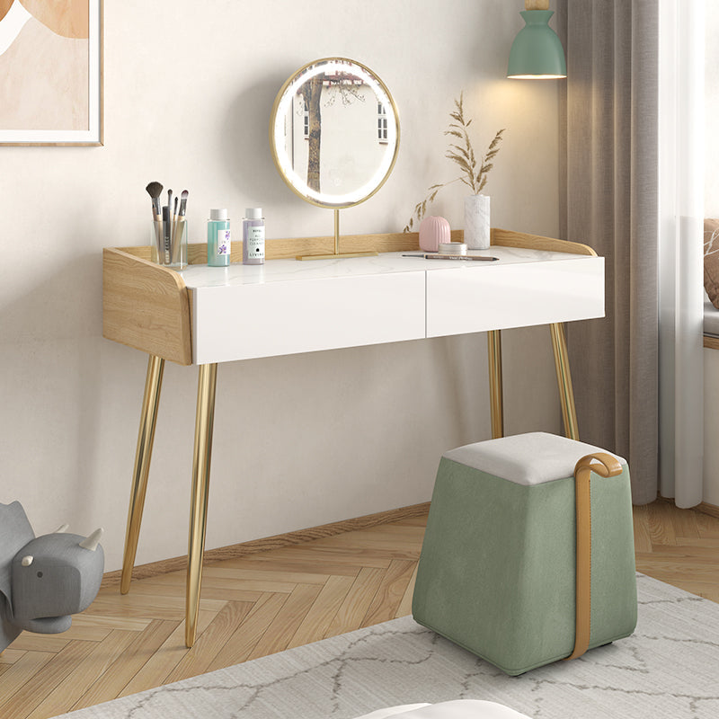 Glam 2-drawer Slate Top Dressing Table 32.67" H Vanity Stool in White Clearhalo 'Bedroom Furniture' 'furn' 'furn_makeup_vanities' 'Furniture' 'Makeup Vanities' 'makeup_vanities' 6505746