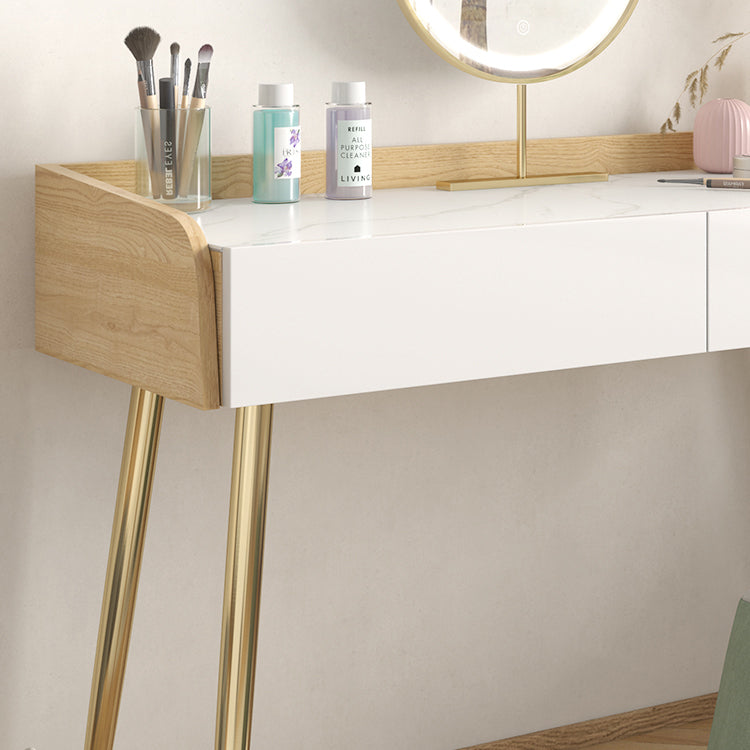 Glam 2-drawer Slate Top Dressing Table 32.67" H Vanity Stool in White Clearhalo 'Bedroom Furniture' 'furn' 'furn_makeup_vanities' 'Furniture' 'Makeup Vanities' 'makeup_vanities' 6505750