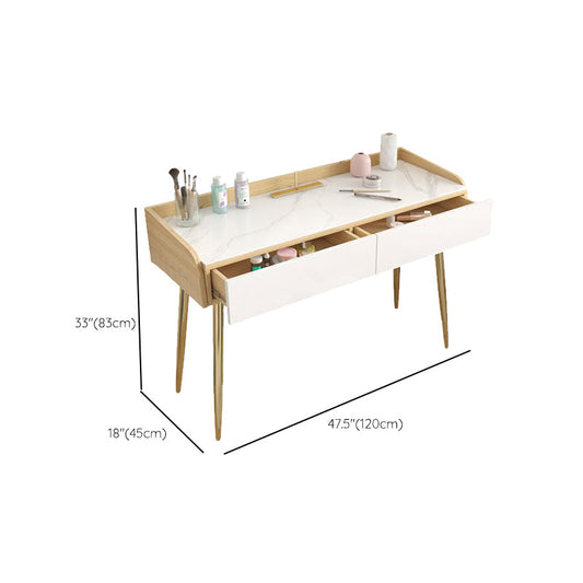 Glam 2-drawer Slate Top Dressing Table 32.67" H Vanity Stool in White Clearhalo 'Bedroom Furniture' 'furn' 'furn_makeup_vanities' 'Furniture' 'Makeup Vanities' 'makeup_vanities' 6505762