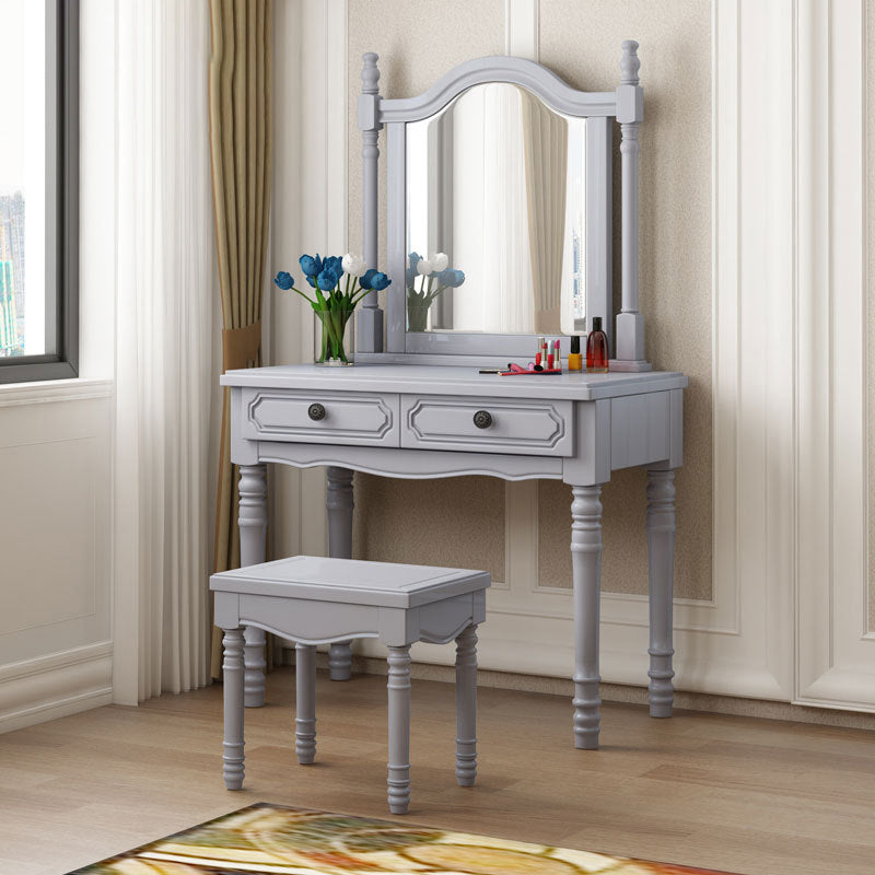 Traditional 2-Drawer Wood Dressing Table with Mirror Makeup Vanity Stool Makeup Vanity & Mirror & Stools Grey Clearhalo 'Bedroom Furniture' 'furn' 'furn_makeup_vanities' 'Furniture' 'Makeup Vanities' 'makeup_vanities' 6505802