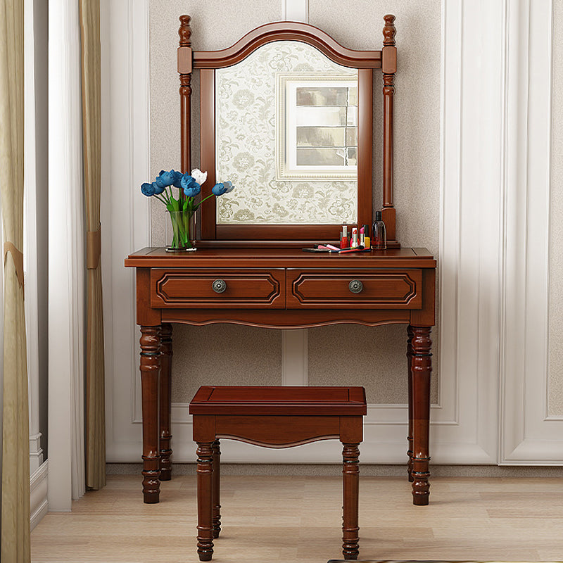 Traditional 2-Drawer Wood Dressing Table with Mirror Makeup Vanity Stool Makeup Vanity & Mirror & Stools Brown Clearhalo 'Bedroom Furniture' 'furn' 'furn_makeup_vanities' 'Furniture' 'Makeup Vanities' 'makeup_vanities' 6505805