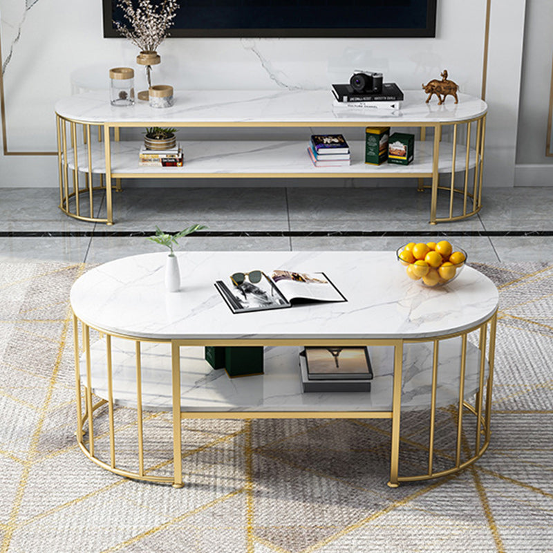 Glam Marble Coffee Cocktail Table Frame Oval Coffee Table with Shelf Clearhalo 'Coffee & Accent Tables' 'Coffee Tables' 'coffee_tables' 'furn' 'furn_coffee_tables' 'Furniture' 'Living Room Furniture' 6505846