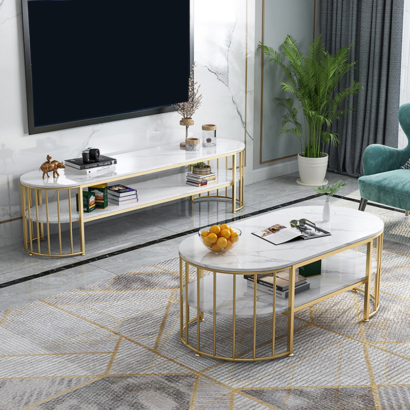 Glam Marble Coffee Cocktail Table Frame Oval Coffee Table with Shelf Clearhalo 'Coffee & Accent Tables' 'Coffee Tables' 'coffee_tables' 'furn' 'furn_coffee_tables' 'Furniture' 'Living Room Furniture' 6505849