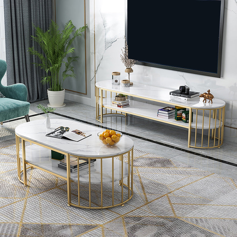 Glam Marble Coffee Cocktail Table Frame Oval Coffee Table with Shelf Clearhalo 'Coffee & Accent Tables' 'Coffee Tables' 'coffee_tables' 'furn' 'furn_coffee_tables' 'Furniture' 'Living Room Furniture' 6505855