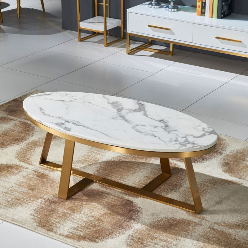 Glam Metal Cross Legs Coffee Table Faux Marble Oval Coffee Table Clearhalo 'Coffee & Accent Tables' 'Coffee Tables' 'coffee_tables' 'furn' 'furn_coffee_tables' 'Furniture' 'Living Room Furniture' 6505859