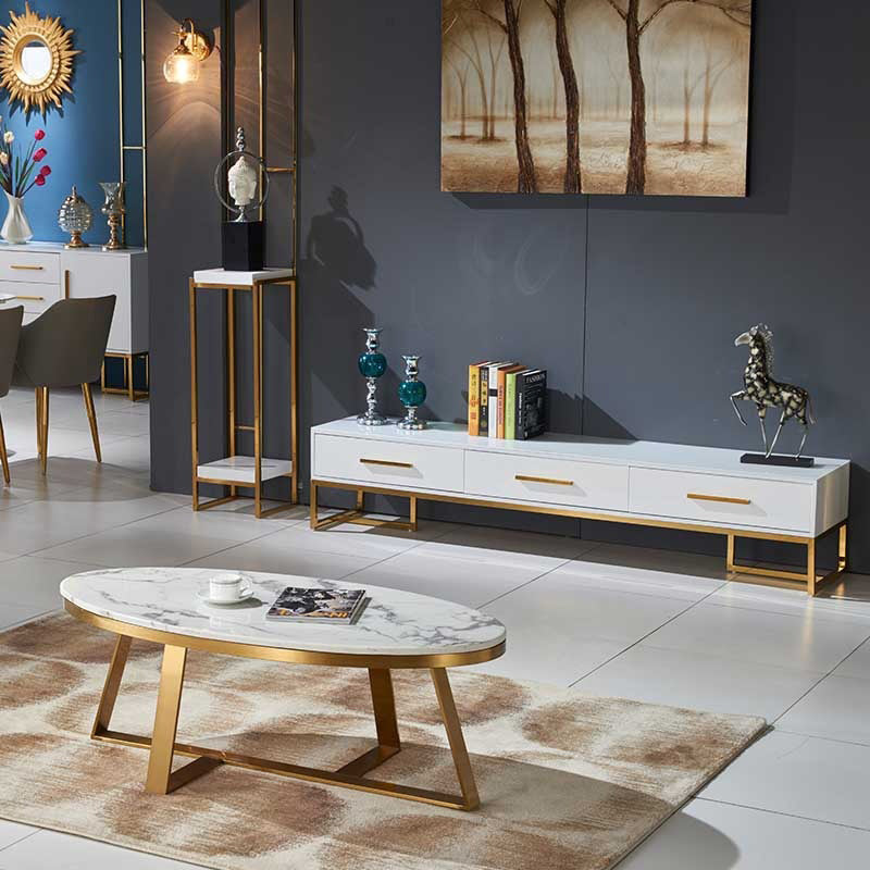 Glam Metal Cross Legs Coffee Table Faux Marble Oval Coffee Table Clearhalo 'Coffee & Accent Tables' 'Coffee Tables' 'coffee_tables' 'furn' 'furn_coffee_tables' 'Furniture' 'Living Room Furniture' 6505860