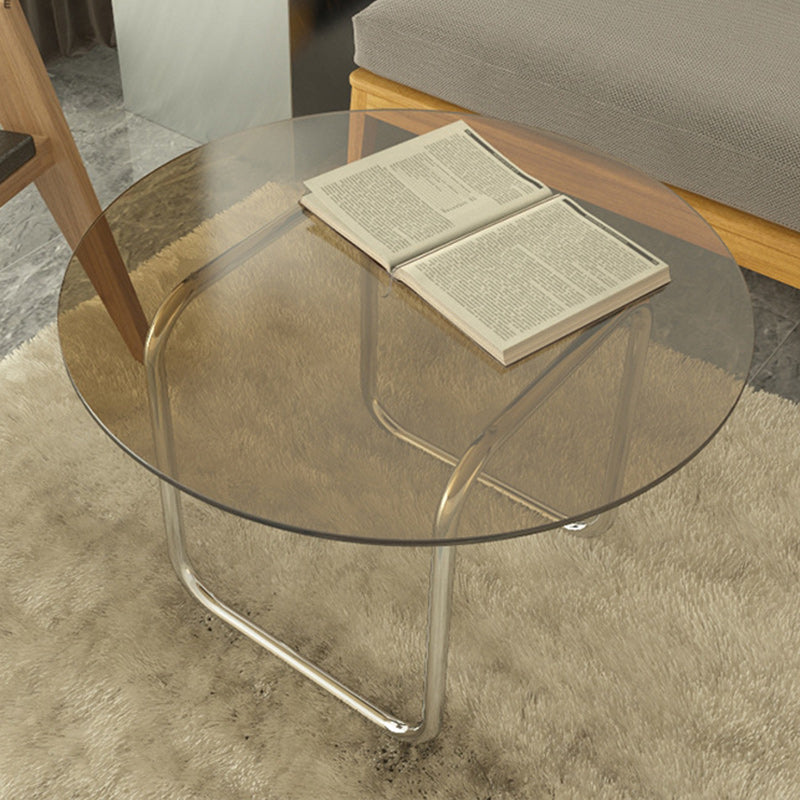 Modern Round Glass Coffee Table with Stainsteel Sled Stainless Steel Base Brown Clearhalo 'Coffee & Accent Tables' 'Coffee Tables' 'coffee_tables' 'furn' 'furn_coffee_tables' 'Furniture' 'Living Room Furniture' 6506015