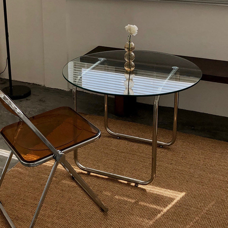 Modern Round Glass Coffee Table with Stainsteel Sled Stainless Steel Base Clearhalo 'Coffee & Accent Tables' 'Coffee Tables' 'coffee_tables' 'furn' 'furn_coffee_tables' 'Furniture' 'Living Room Furniture' 6506016