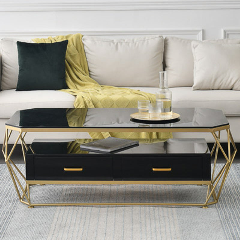 Glam Coffee Table with Glass/Marble Top and 2 Drawers and Iron Base Black Clearhalo 'Coffee & Accent Tables' 'Coffee Tables' 'coffee_tables' 'furn' 'furn_coffee_tables' 'Furniture' 'Living Room Furniture' 6506043