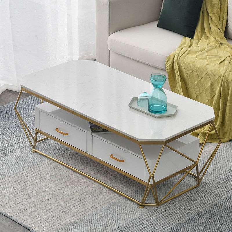 Glam Coffee Table with Glass/Marble Top and 2 Drawers and Iron Base White Clearhalo 'Coffee & Accent Tables' 'Coffee Tables' 'coffee_tables' 'furn' 'furn_coffee_tables' 'Furniture' 'Living Room Furniture' 6506045