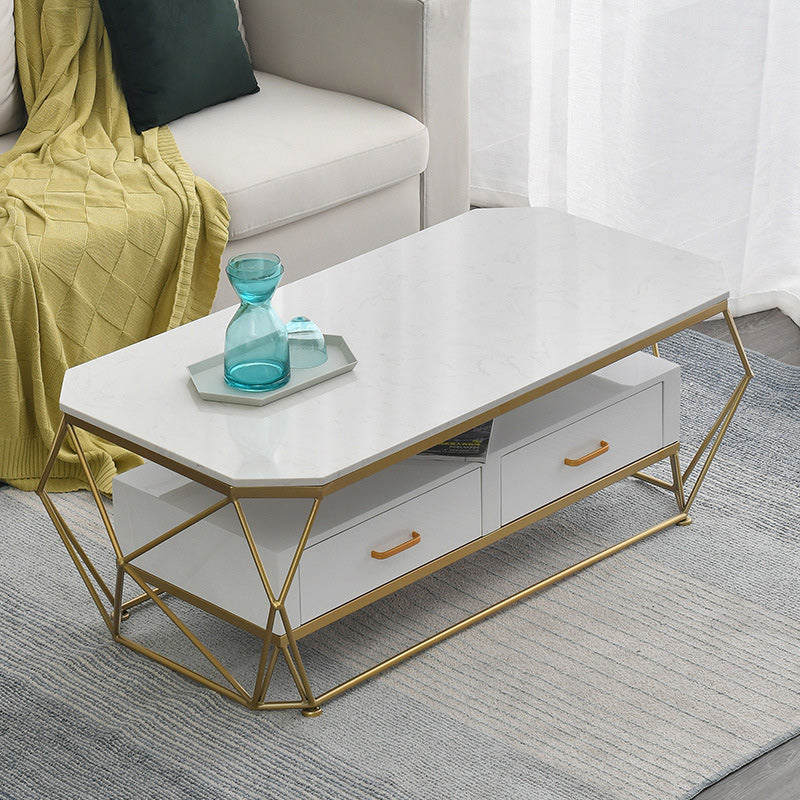 Glam Coffee Table with Glass/Marble Top and 2 Drawers and Iron Base Clearhalo 'Coffee & Accent Tables' 'Coffee Tables' 'coffee_tables' 'furn' 'furn_coffee_tables' 'Furniture' 'Living Room Furniture' 6506046