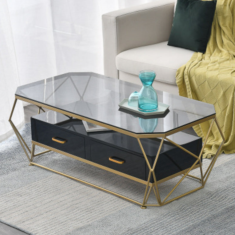 Glam Coffee Table with Glass/Marble Top and 2 Drawers and Iron Base Clear Clearhalo 'Coffee & Accent Tables' 'Coffee Tables' 'coffee_tables' 'furn' 'furn_coffee_tables' 'Furniture' 'Living Room Furniture' 6506047