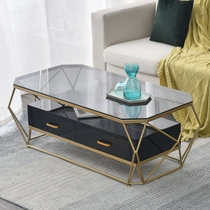 Glam Coffee Table with Glass/Marble Top and 2 Drawers and Iron Base Clear Clearhalo 'Coffee & Accent Tables' 'Coffee Tables' 'coffee_tables' 'furn' 'furn_coffee_tables' 'Furniture' 'Living Room Furniture' 6506047