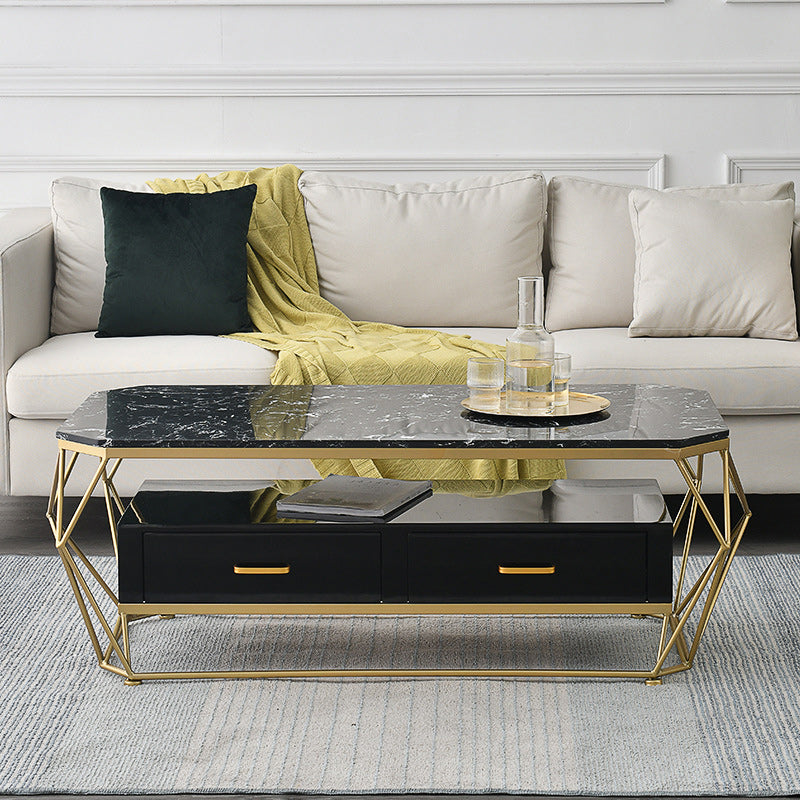 Glam Coffee Table with Glass/Marble Top and 2 Drawers and Iron Base Black White Clearhalo 'Coffee & Accent Tables' 'Coffee Tables' 'coffee_tables' 'furn' 'furn_coffee_tables' 'Furniture' 'Living Room Furniture' 6506048