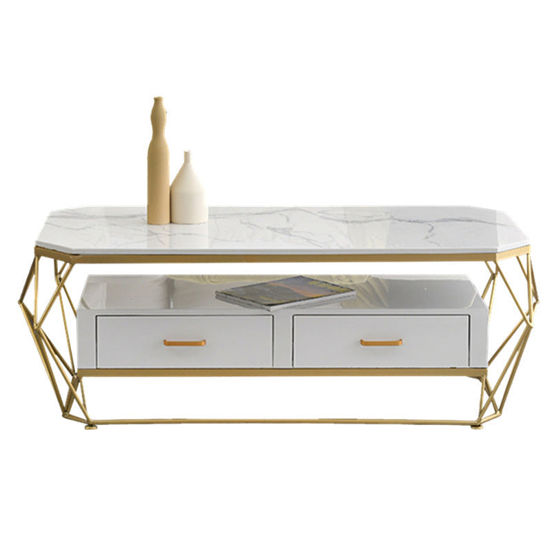 Glam Coffee Table with Glass/Marble Top and 2 Drawers and Iron Base Clearhalo 'Coffee & Accent Tables' 'Coffee Tables' 'coffee_tables' 'furn' 'furn_coffee_tables' 'Furniture' 'Living Room Furniture' 6506051