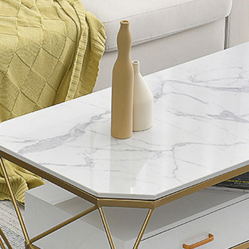 Glam Coffee Table with Glass/Marble Top and 2 Drawers and Iron Base Clearhalo 'Coffee & Accent Tables' 'Coffee Tables' 'coffee_tables' 'furn' 'furn_coffee_tables' 'Furniture' 'Living Room Furniture' 6506056
