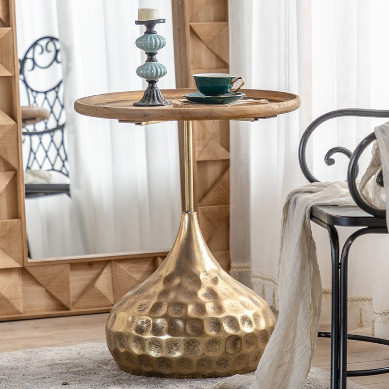 Table basse ronde en bois vieilli, table de cocktail sur pied en métal