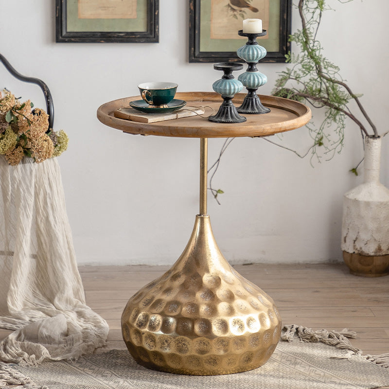 Table basse ronde en bois vieilli, table de cocktail sur pied en métal