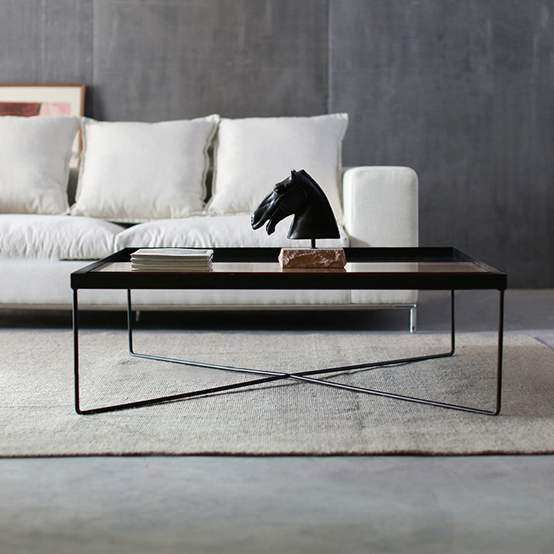 Mid-Century Modern Black Coffee Table with Iron Tray Top and Cross Legs