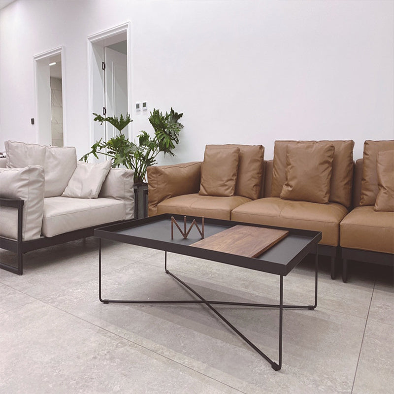 Mid-Century Modern Black Coffee Table with Iron Tray Top and Cross Legs