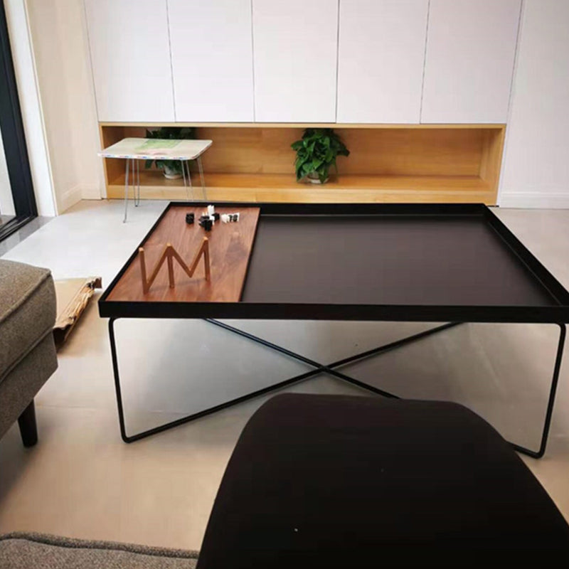 Mid-Century Modern Black Coffee Table with Iron Tray Top and Cross Legs