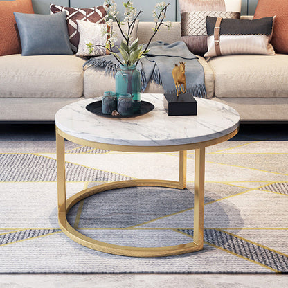 Table basse à base de piédestal Glam blanche avec plateau en pierre et base en métal