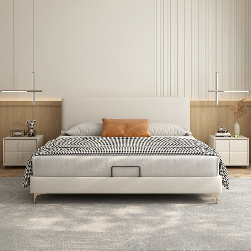 Letto standard in legno e imbottito con letto a pannello in testiera in beige
