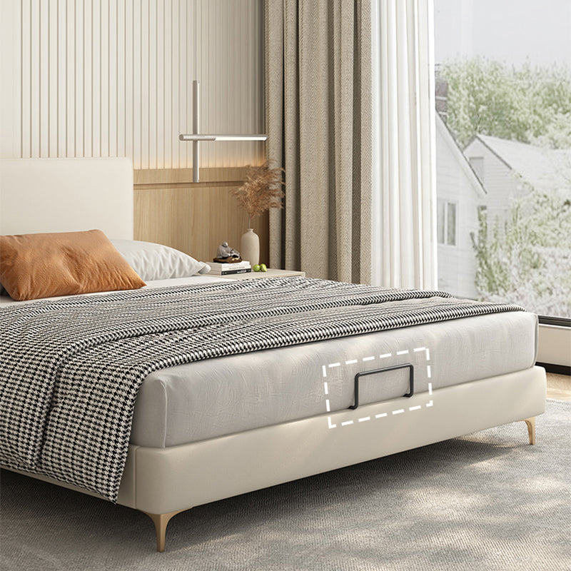 Letto standard in legno e imbottito con letto a pannello in testiera in beige