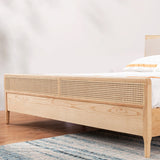 Natural Solid Wood Panel Bed Upholstered Bed Frame with Rattan Accent
