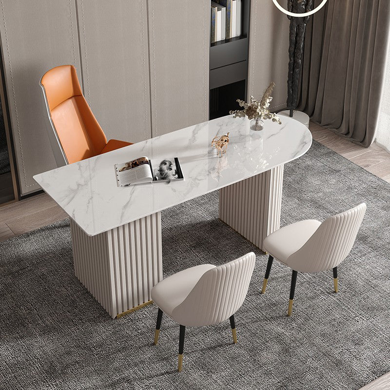 Glam 23.6" Wide Writing Desk Stone Office Desk in White with Drawers 70.9"L x 23.6"W x 29.5"H Clearhalo 'furn' 'furn_office_desk' 'Furniture' 'Office Desks' 'Office Furniture' 'office_desk' 6510479