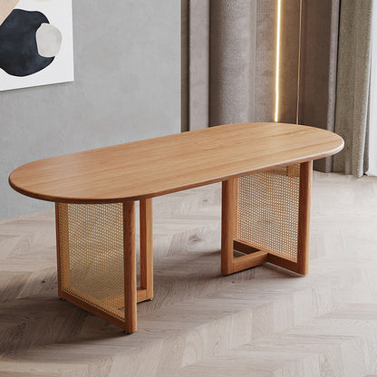 Moderne massief houten eettafel Rotan voetstuk eettafel voor eetkamer
