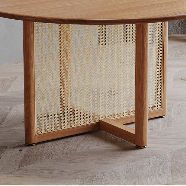 Moderne massief houten eettafel Rotan voetstuk eettafel voor eetkamer